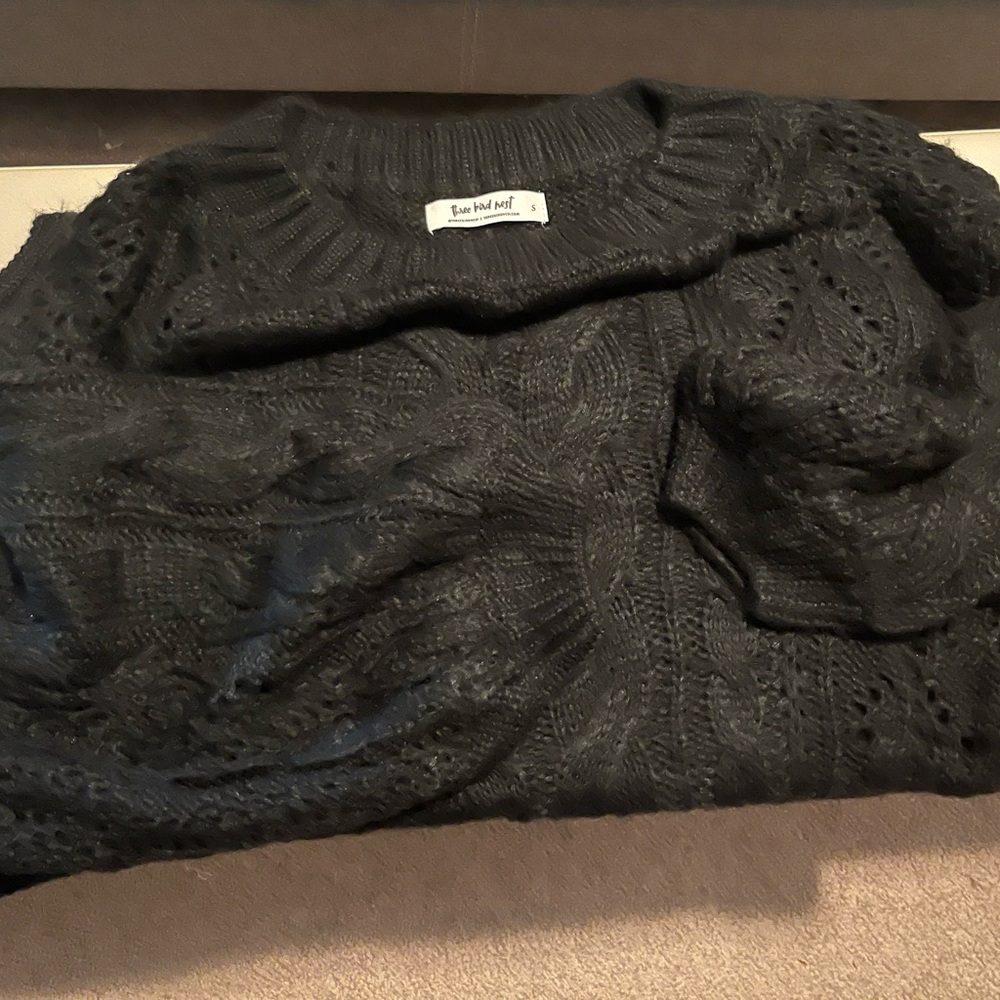 Three Bird Nest Oversized Black Cable Knit Sweater Tunic Bubble Sleeve Dress
